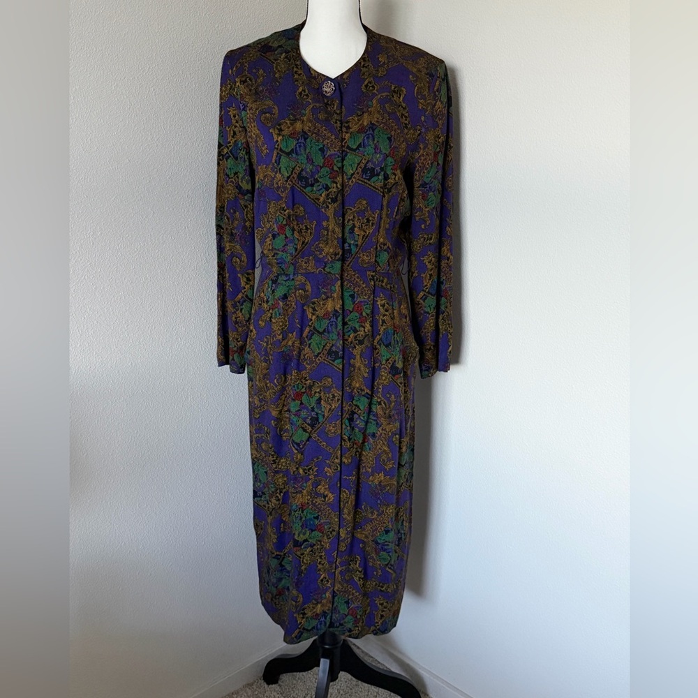 Vintage 90s Jewel Tone Purple and Green Long Sleeve Button Front Dress